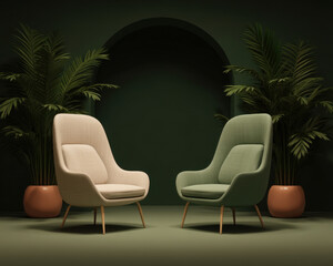 Business Boss Appreciation Concept, Modern armchair setup for business meeting with green wall boss appreciation interior and ceramic pot with