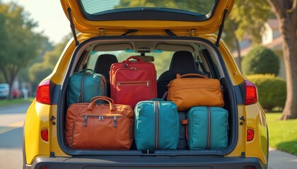 Fototapeta premium Yellow car trunk is full of colorful baggage. Vehicle is packed with bags ready for travel vacation holiday. Family is ready to go on journey adventure trip outdoors.