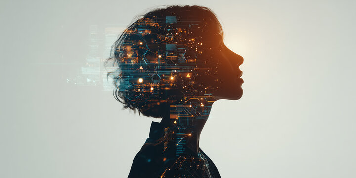 The mind of an AI programmer or data scientist, their silhouette filled with code, data, and networks from machine learning and deep learning.