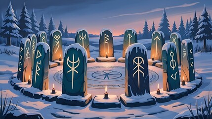 Carved stones with Viking runes in a circle for pagan winter solstice ritual