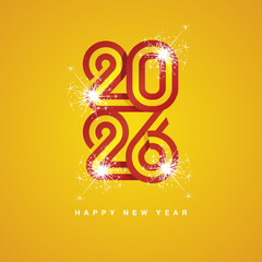 2026 New Year continuous Spain ribbon. Abstract red yellow flag of Spain in the shape of 2026 logo with sparkle firework. New Year concept greeting card
