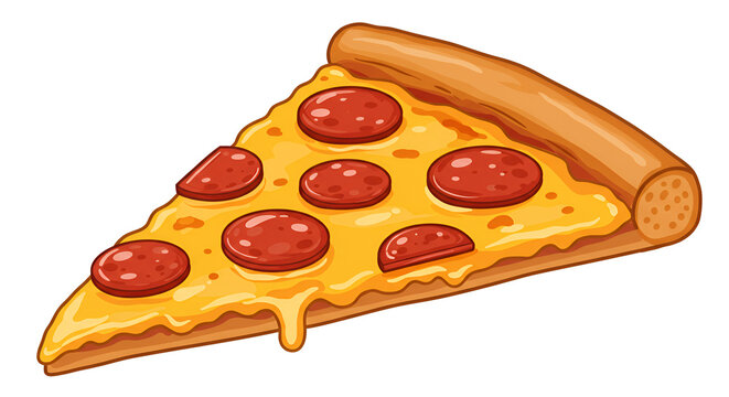 A cartoon pizza slice with pepperoni and cheese on a white background illustration style image