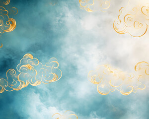 Celestial Canvas: Artistic depiction of golden swirls dancing against a dreamy backdrop of serene blue skies and ethereal white clouds. Evokes peace, imagination, and boundless potential.