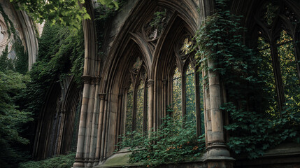 Ruined cathedral with vines, vines wrapping around tall stone pillars in dim light