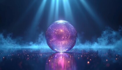 Glowing crystal sphere holds vibrant galaxy with countless shining stars on deep dark background. Bright blue light beams illuminate misty floor, creating colorful reflections. Futuristic abstract