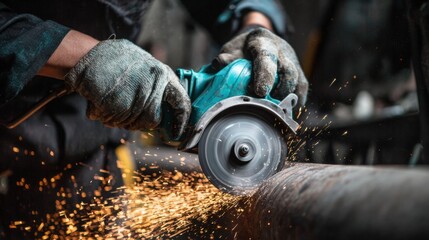 Worker using handheld circular saw cutting steel pipe producing bright sparks in workshop, closeup of gloved hands and rotating blade showing industrial action and intensity