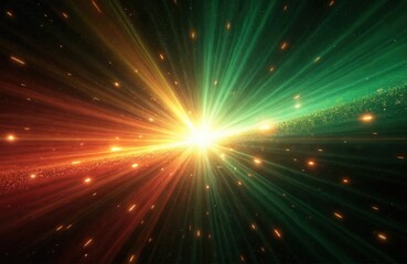 Fototapeta premium Dynamic cosmic explosion radiates intense light, vibrant colors across dark space background. Brilliant green yellow, red hues create mesmerizing visual effect suggesting stellar birth. Abstract