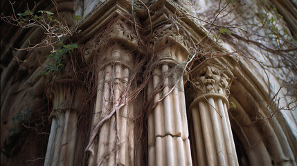 Ruined cathedral with vines, vines wrapping around tall stone pillars in dim light