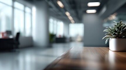 Modern office desk with small potted plant near edge and blurred open workspace in background conveying calm productivity and soft natural light