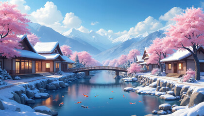 Obraz premium Digital illustration depicts a winter scene of Japanese village with snow covered houses. Pink cherry blossom trees bloom near river. Mountains on background. Koi fishes swim in water.
