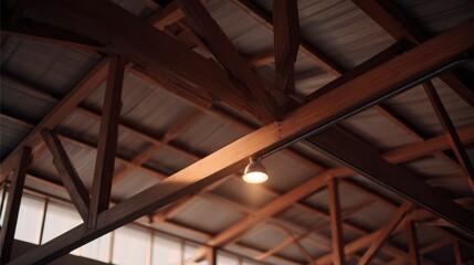 Wood beam ceiling wooden truss attic light interior roof structure exposed rafters barn ceiling industrial interior warm lighting perspective view