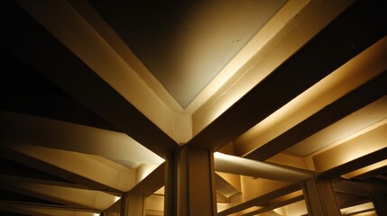Obraz premium Warm concrete beam intersection ceiling with dramatic golden lighting and architectural perspective creating moody industrial atmosphere