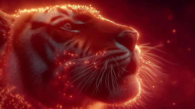 赤い粒子がきらめく、怒って吠える獰猛な虎の顔のクローズアップ | Close-up of a Ferocious Tiger Face Roaring Angrily with Red Glimmering Particles