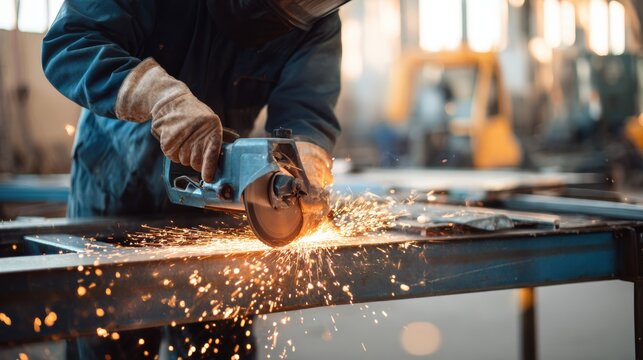 Industrial welder using circular saw on steel frame, sparks flying as metal is cut, close up of gloved hands and power tool in workshop