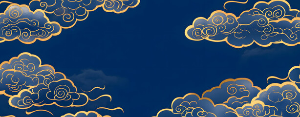 Heavenly Abode: Intricate gold-accented clouds drift gracefully against a deep, captivating navy expanse, creating a sense of serenity and wonder.