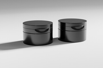 glossy black Cosmetic jar with beauty spatula mockup, facial mask packaging with flip top cap, Wide Mouth Cream jar with Flip Cap lid, skincare container with spoon, plastic Body Scrub product bottle