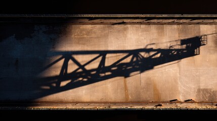 Shadow of overhead crane cast on concrete wall at golden hour creating abstract geometric pattern with warm light and industrial mood
