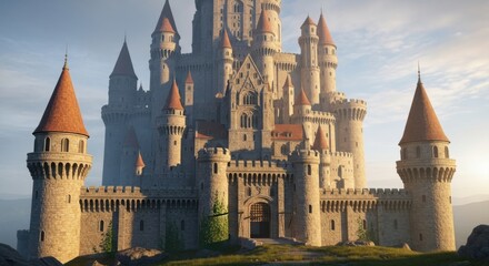 Fototapeta premium Majestic Medieval Castle with Tall Spires and Stone Walls in Sunset Light