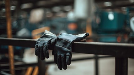Leather work glove lie on metal beam in industrial workshop, soft light and shallow depth of field convey quiet focus and careful craftsmanship