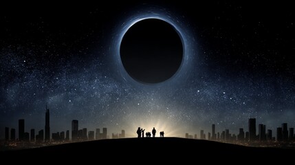 Naklejka premium night, city, sky, moon, stars, skyline, star, illustration, vector, silhouette, building, light, town, cityscape, dark, urban, blue, architecture, space, black, galaxy, new, scene, art, snow