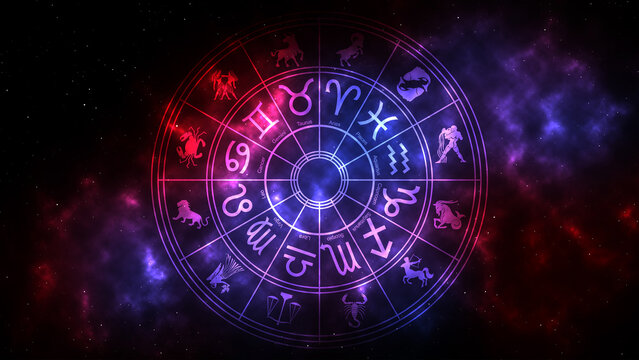 Mystical Indian Zodiac Wheel with Colorful Cosmic Astrology Signs Background