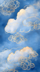 Celestial Dreamscape: Intricate golden swirls dance gracefully amidst fluffy, ethereal clouds in a cerulean sky, creating a serene and mystical atmosphere. 