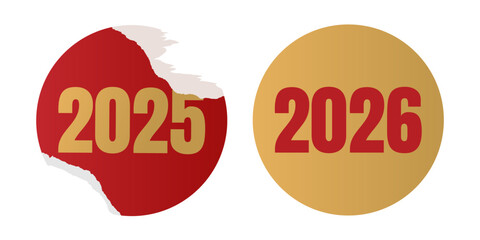 2026 loading. Realistic ripped torn old round paper sticker with numbers 2025 and new gold sticker 2026. Anticipation of the New Year. Isolated vector EPS10 on transparent background.