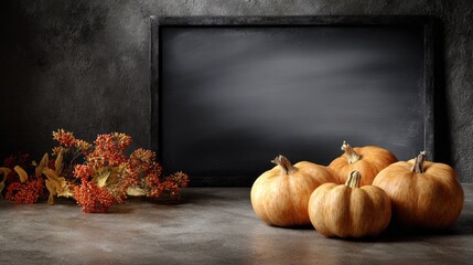 Autumn display of pumpkins and decorative leaves on a rustic table with a blackboard background