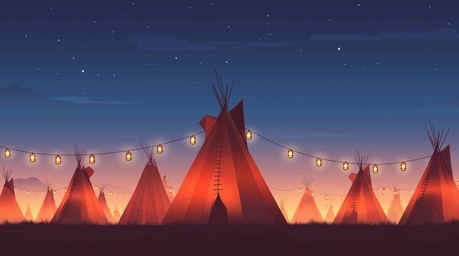 Tipi Village Poster &ndash; Stylized tipis with glowing lanterns over a twilight plain, Native American Day, empty bottom space for text, festive poster