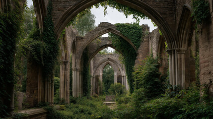 Ruined cathedral with vines, vines wrapping around tall stone pillars in dim light