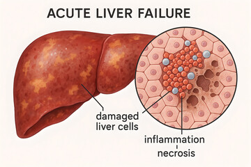 3D rendering of human liver showing acute liver failure, with realistic texture, inflamed and necrotic tissue highlighted in red and orange, cross-sectional medical view, photorealistic lighting, whit