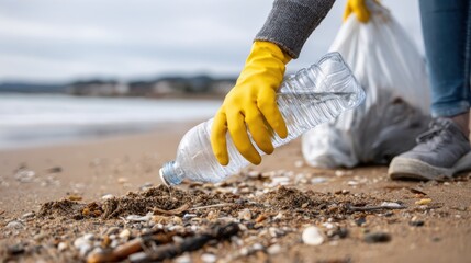 Volunteer wearing yellow gloves collecting a disposable plastic water bottle from a sandy beach, focusing on environmental cleanup, marine pollution prevention, and diligent waste recycling