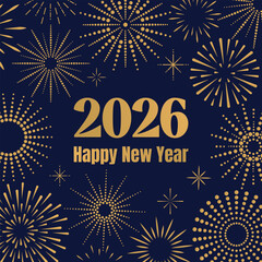 Square Happy New year banner 2026 with geometric exploding gold festive fireworks on blue background. for holiday, flyer, greeting card. Decorative backdrop for Christmas. Vector EPS10