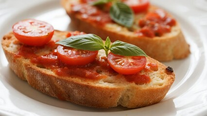 Toasted bread slices topped with tomato sauce, cherry tomatoes, and fresh basil leaves on a white plate