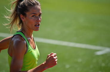 Focused woman runner dripping. Athlete trains hard on grassy field. Active female runner exercises, perspires. Wears green sports clothes. Sweaty woman shows determination. Energy, effort in sport on