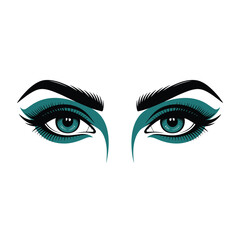 Stylized vector illustration of striking teal eyes with dramatic eyeliner and lashes vector