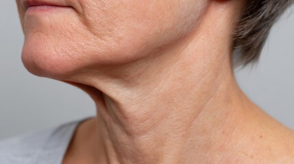 Obraz premium Senior woman experiencing skin aging, showing deep neck wrinkles and sagging skin with a visible double chin, focusing on age and cosmetic treatment concepts