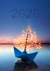 flying birds in shape of 2026 over a festive glimmering sail boat at the sea
