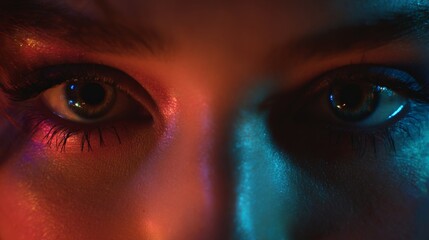 Naklejka premium Close-up view of expressive eyes illuminated by colorful lights in a creative and artistic setting