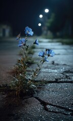 Blue flowers growing from cracked pavement against a blurred night background