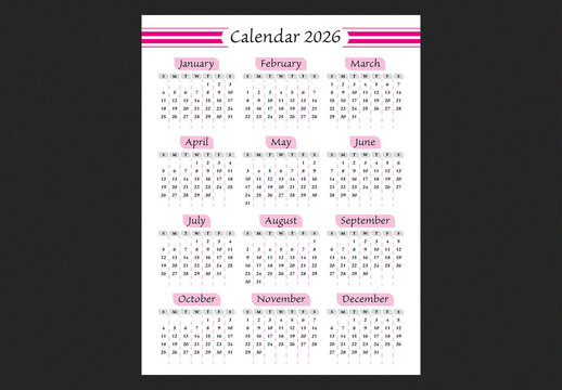 Calendar for 2026 Template. 12 Months Layout