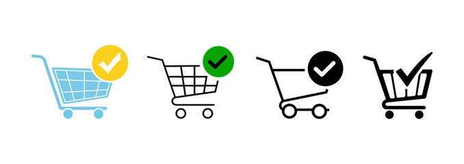 Shopping cart and check mark icon set. Trolley symbol vector. Approved purchase, add to cart, order confirmation symbols.