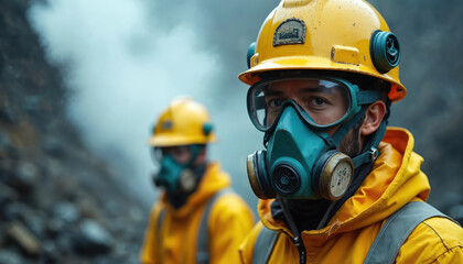 Naklejka premium Two workers wear protective helmets and gas masks in a geothermal plant environment. They are involved in industrial operations, likely in a hazardous area with steam or smoke.