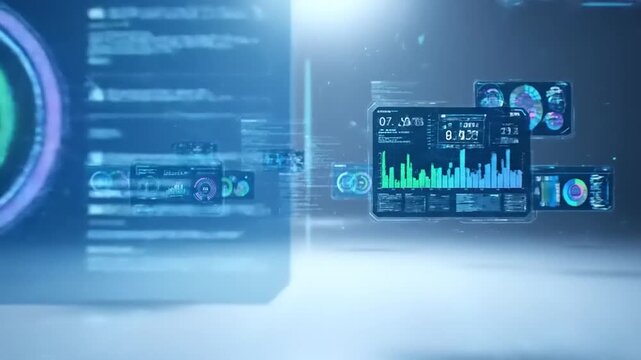 Animated motion graphics of advanced business data analysis on futuristic digital dashboards. Big data