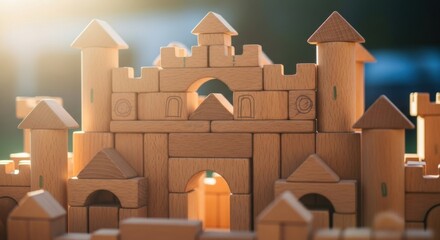 Wooden Castle Model with Towers and Gates in Warm Sunlight for Children's Play and Toy Display