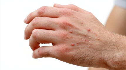Adult man's hand displaying allergic skin rash with papules and eczema, an example of dermatological disease and irritation requiring medical examination