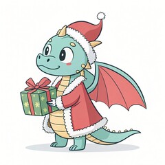 Naklejka premium Adorable cartoon dragon in Santa outfit holding a wrapped gift transparent background