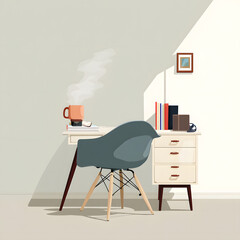 Serene Workspace: A minimalist workspace, bathed in soft sunlight, features a steaming mug on a clean desk. It’s a tranquil scene representing focus and inspiration.