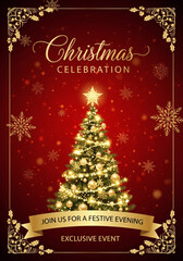 Festive Christmas Celebration Tree Invitation with Golden Snowflake Border Sparkle and Invitation Text for Exclusive Event