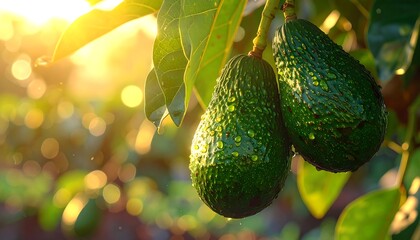 Ripe green fruit hanging from a leafy branch, sunlight shining